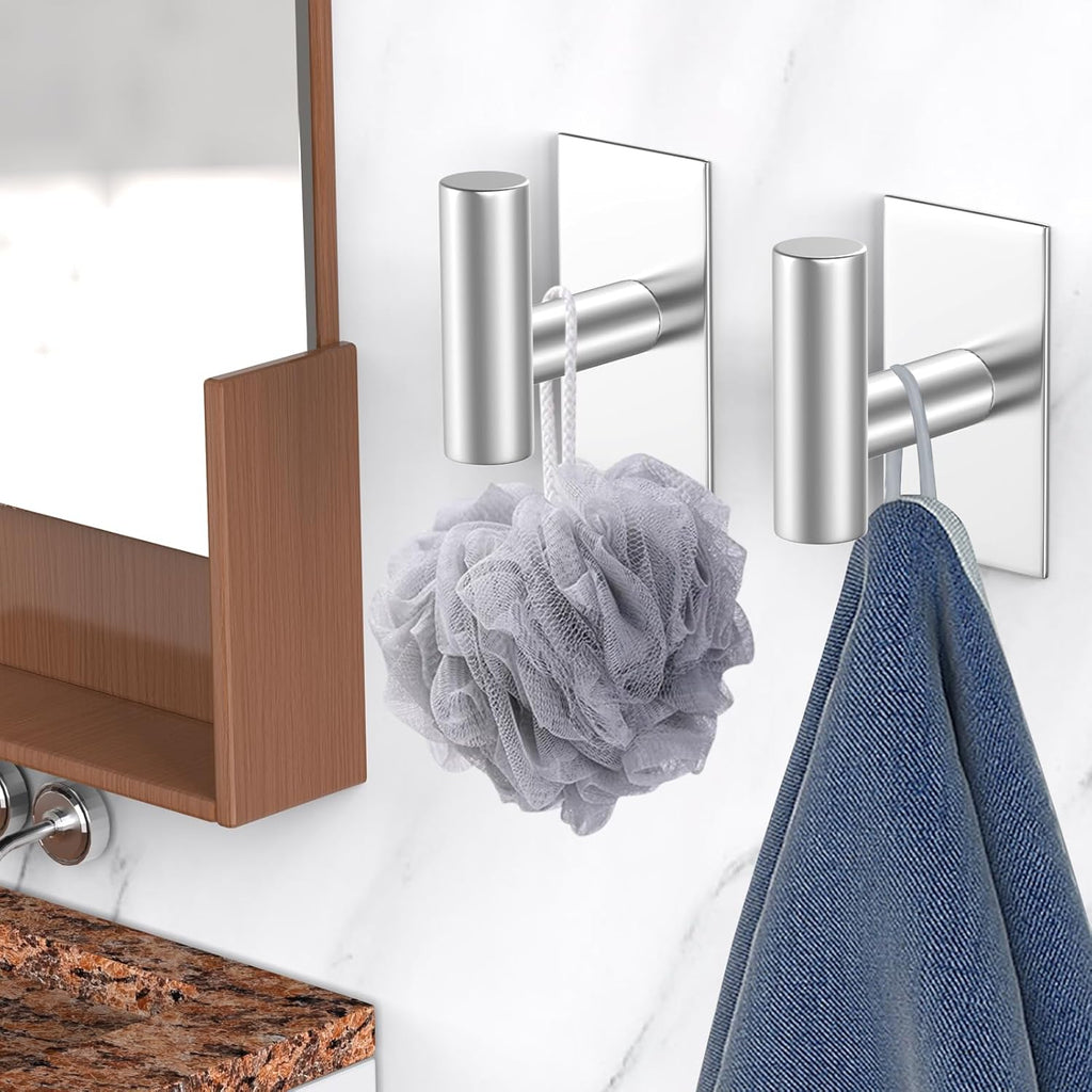 VAEHOLD Wall Towel Hooks, Heavy Duty Sticky Holder Waterproof Towel Hooks for Hanging Coat, Clothes, Closet Hook Wall Mount for Kitchen (Silver, 2 Pack)
