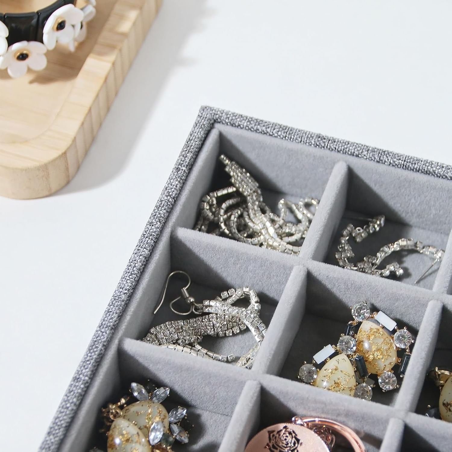 Stackable Jewelry Organizer Tray For Drawers,White Leather Small Earring Storage Tray,Bracelet And Necklace Display Box,Jewelry Ring Display Case (Gray 24 Grids)