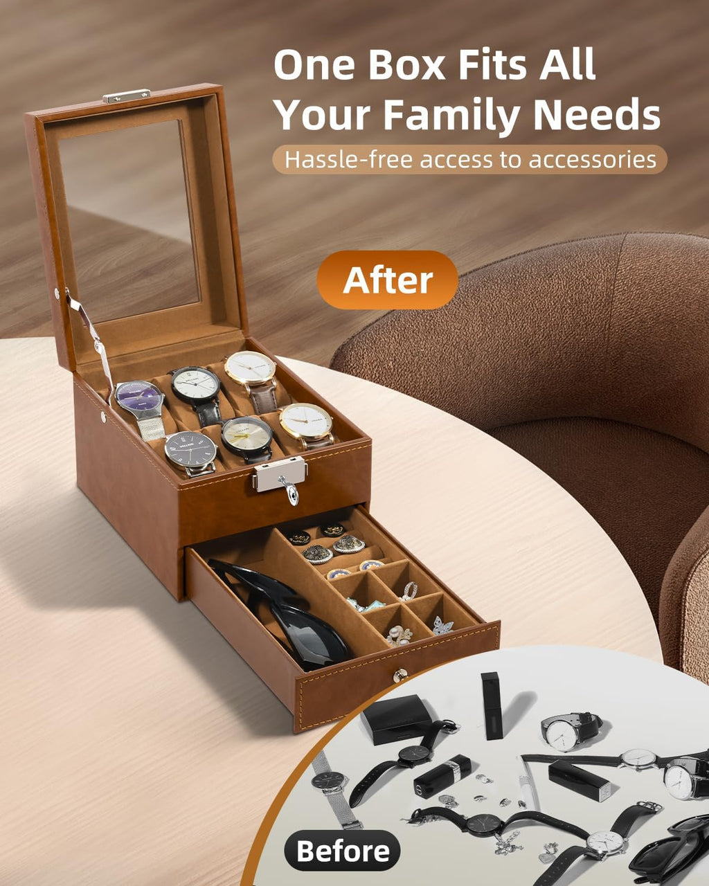 Uten 6-Slot Watch Box, 2-Layers PU Leather Watch Case with Glass Lid, Watch Holder Organizer with Soft Pillow and Velvet Lining, Watch and Jewelry Storage Box, Brown