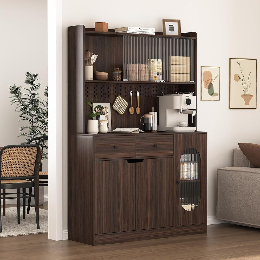 71" Freestanding Kitchen Pantry, Large Dish Storage Cabinet with Fluted ...