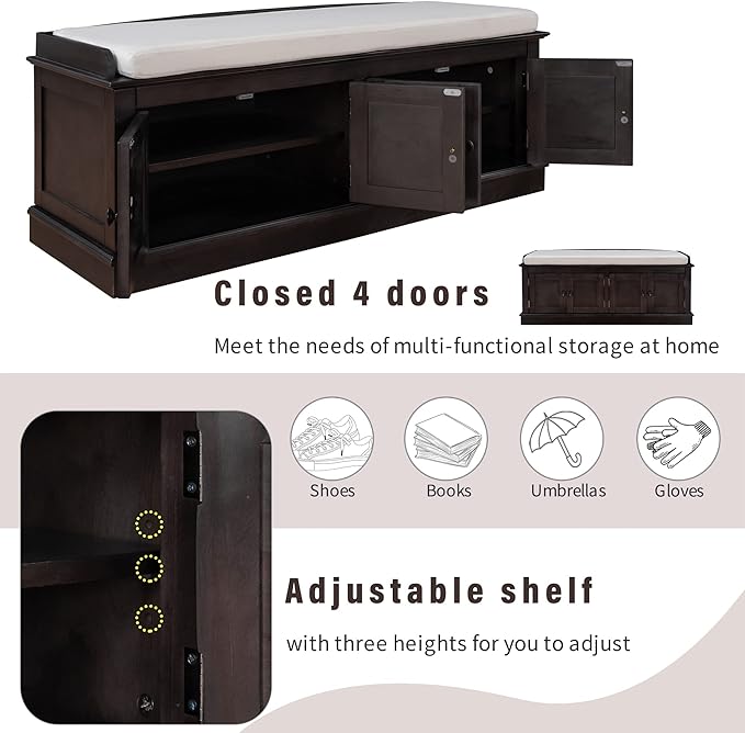 Vintage Hallway Storage Bench with 4 Doors and Adjustable Shelves,Entryway Shoe Rack W/Removable Cushion,for Living Room Bedroom Porch,Espresso,42″