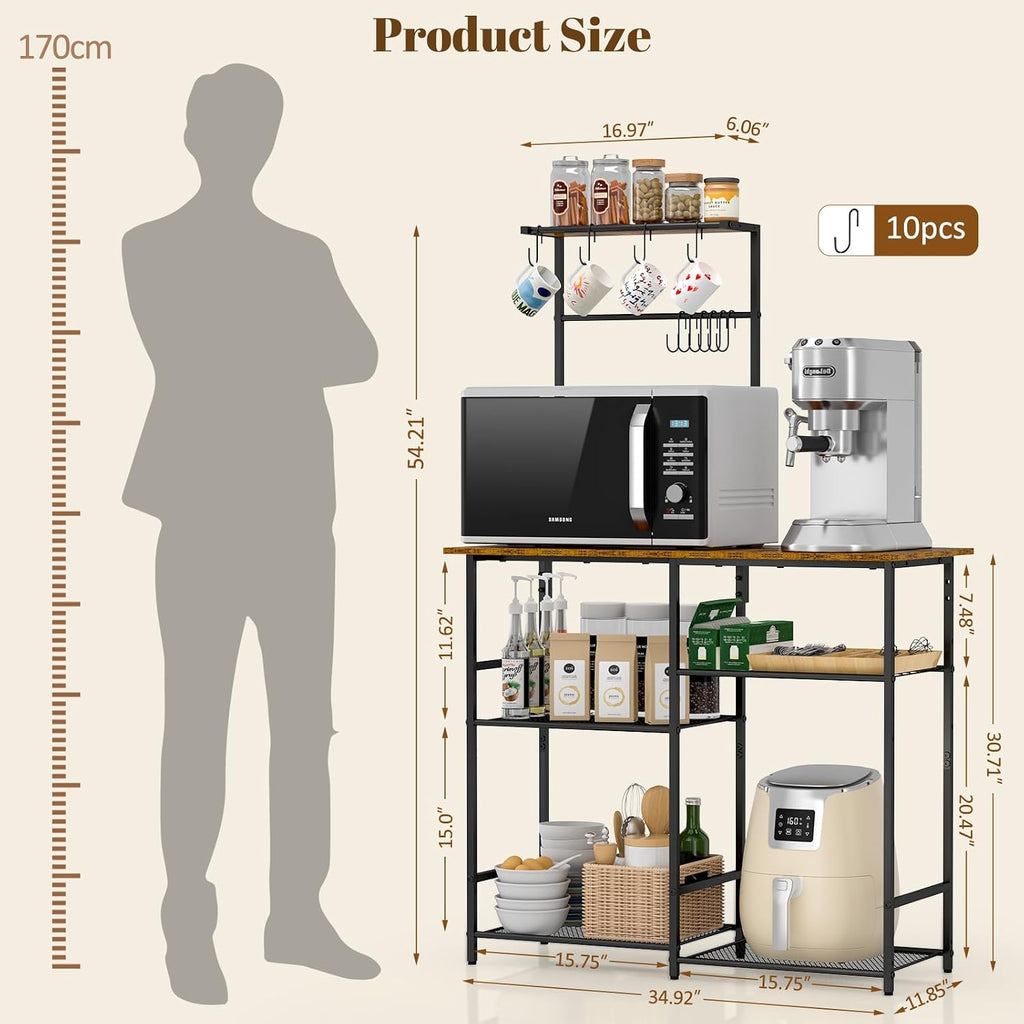 3IngSeagulls Baker's Rack for Kitchen with Storage, Microwave Stand with Adjustable Shelves and 10 S Hooks, 6-Tier Coffee Bar Station, Kitchen Shelves for Spices, Pots, Rustic Brown