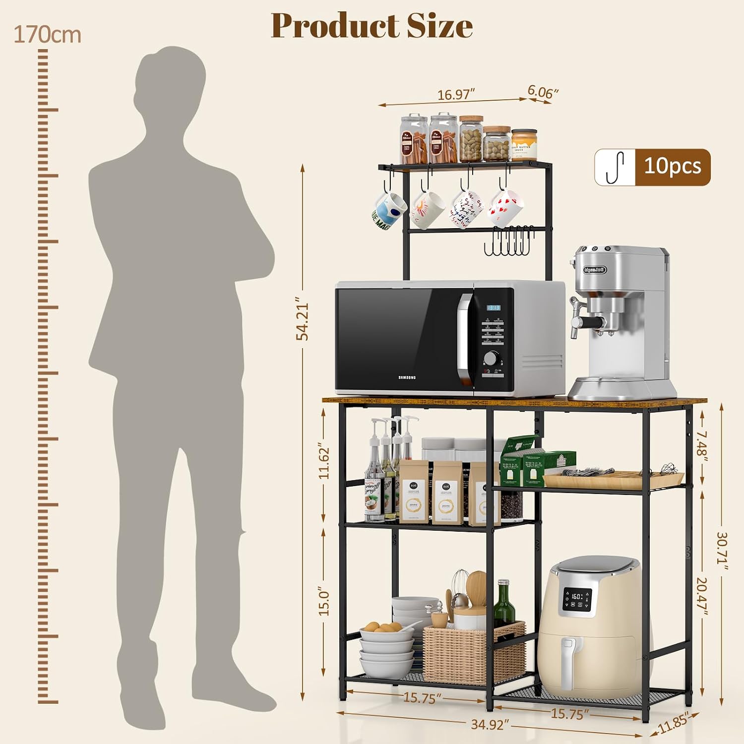 3IngSeagulls Baker's Rack for Kitchen with Storage, Microwave Stand with Adjustable Shelves and 10 S Hooks, 6-Tier Coffee Bar Station, Kitchen Shelves for Spices, Pots, Rustic Brown
