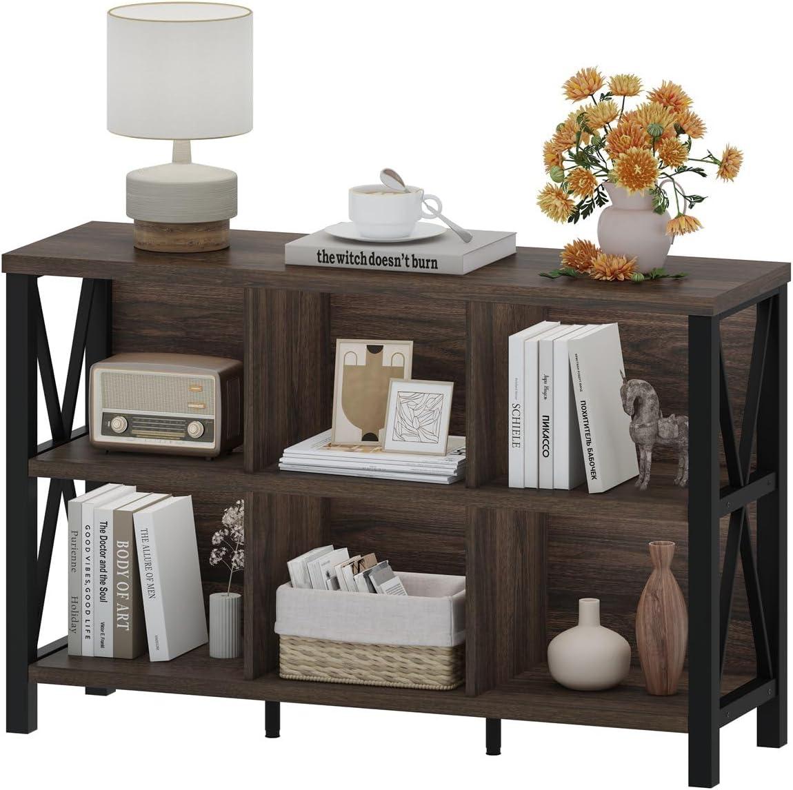 6 Cube Storage Organizer with Shelf, Short Horizontal Bookshelf for Living Room, Wood and Metal Cubby Bookcase, 47 Inch Industrial Low Book Shelf and Book Case (Dark Walnut)