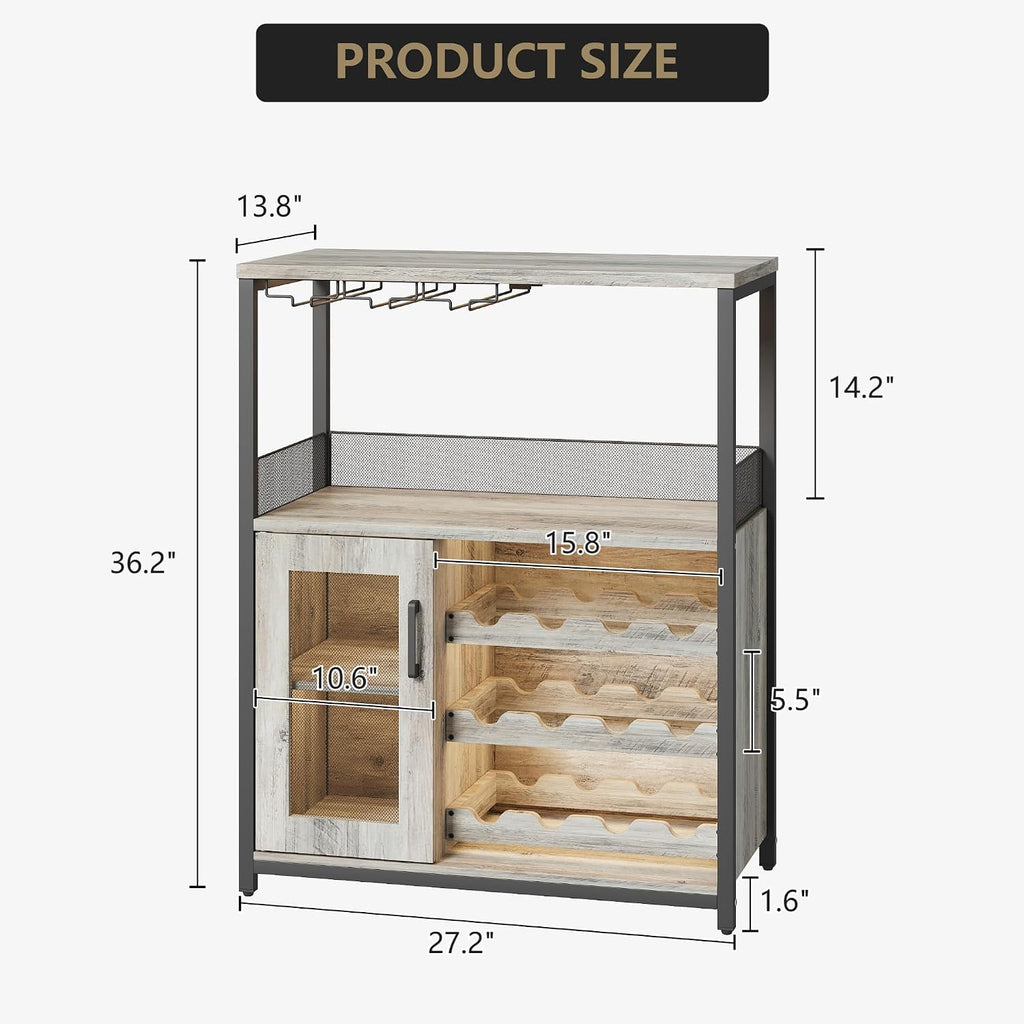Bar Cabinet, Industrial Wine Cabinet with Removabl Glass Rack, Liquor Storage Cabinet with Adjustable Wine Rack, Home Bar with Mesh Doors and Baffle, Grey Without Light