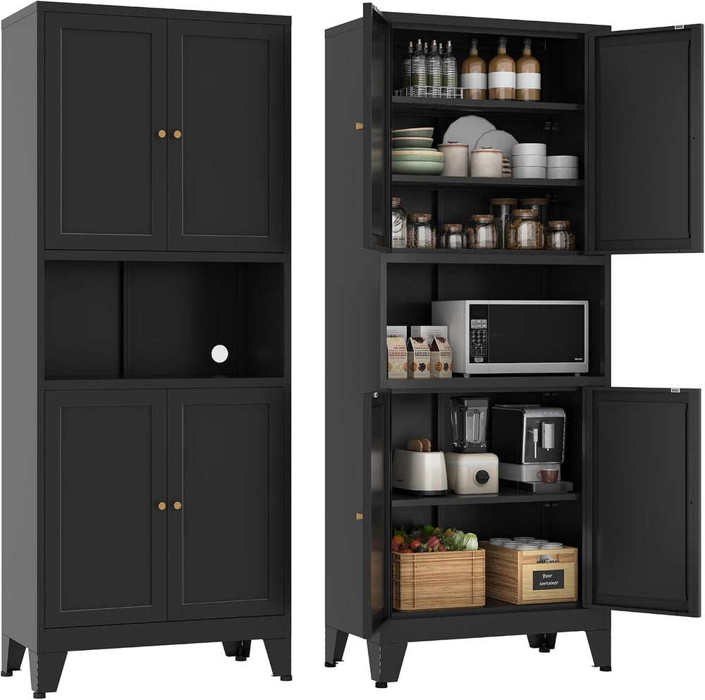 YAUWOH 69" Tall Metal Pantry Cabinet with Microwave Shelf, 4 Doors &...