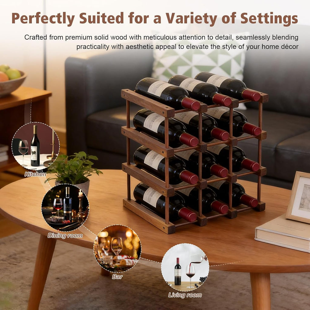 12 Bottle 4 Tiers Wooden Wine Rack for DIY Assembly, Great Gift | Stackable Modular Wine Rack, Wine Bottle Holder for Inside Cabinet Counter and Bar Organizer