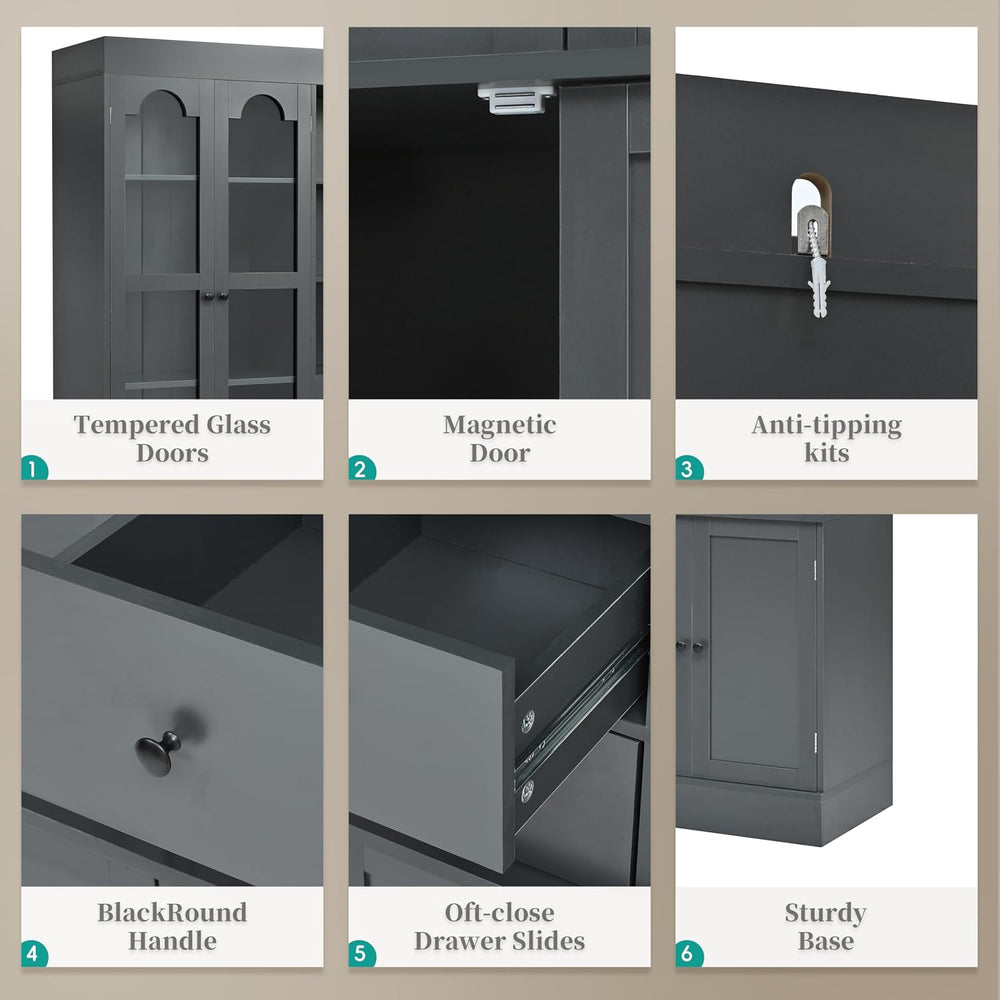 roomfitters 75 Inch Tall Kitchen Pantry Buffet Hutch with 4 Drawers and Glass...