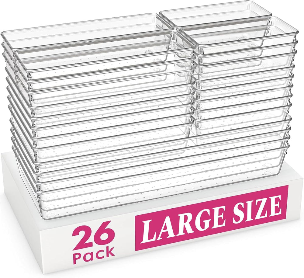 Criusia Large Drawer Organizer Bins 26 Pack | Complete 5 Size Clear Plastic K...
