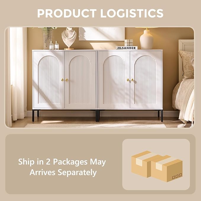 Modern TV Stands for 75 Inch TVs, 61.75‬"W Wood Entertainment Center w/Adjustable Shelves, Mid Century Modern TV Stand w/Arched Fluted Doors, Media Console Cabinet for Living Room, White