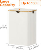 Lifewit 150L Laundry Basket with Lid, Clothes Hampers for Laundry with Bamboo Handles and A Removable Bag, Large Foldable Laundry Hamper for Bedroom, Bathroom, Dorm, Laundry Room, Off White