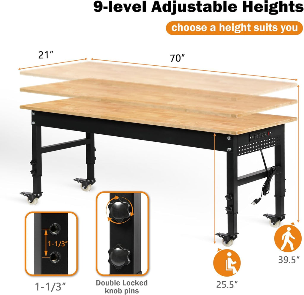 Betterhood 70" Adjustable Workbench on Wheels, 2000 LBS Heavy Duty Work Table with Power Outlets & Pegboard, Rubber Wood Workstation for Garage, Workshop, Office, Home, Commercial