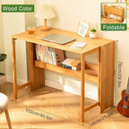 Folding Desk with Bookshelf, 40.6 Inch Computer Table Space Saving, Small Foldable Student Writing Desk for Home Bedroom Study Office Bamboo Wooden Workstation, Wood Color (41×21IN)