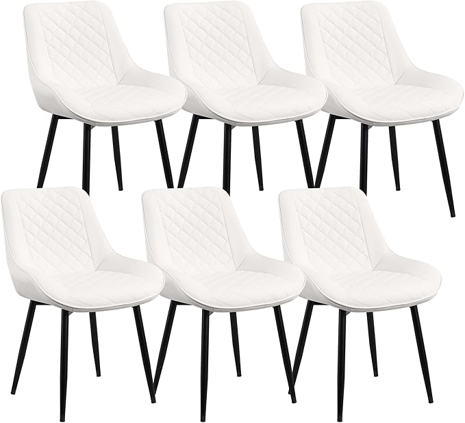 Dining Chair Set of 6, Modern Dining Chairs with Thick Cushions, Faux Leather Upholstered Kitchen Dining Room Chairs with Metal Adjustable Legs for Dining Living Room, White