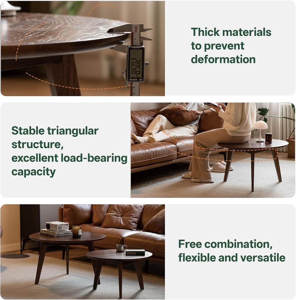 100% Solid Oak Wood Coffee Table Set, Round Coffee Table Combo Side Table w/S...