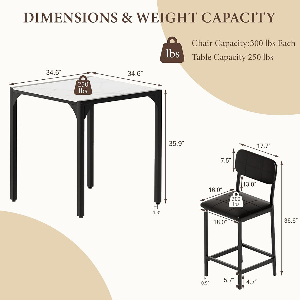 XIAO WEI 5-Piece Counter Height Dining Table Set for 4, Marble-Look, Black | Counter height table, Dining table set for 4, Wide padded chairs, Marble-look top, Space-saving tuck-away frame