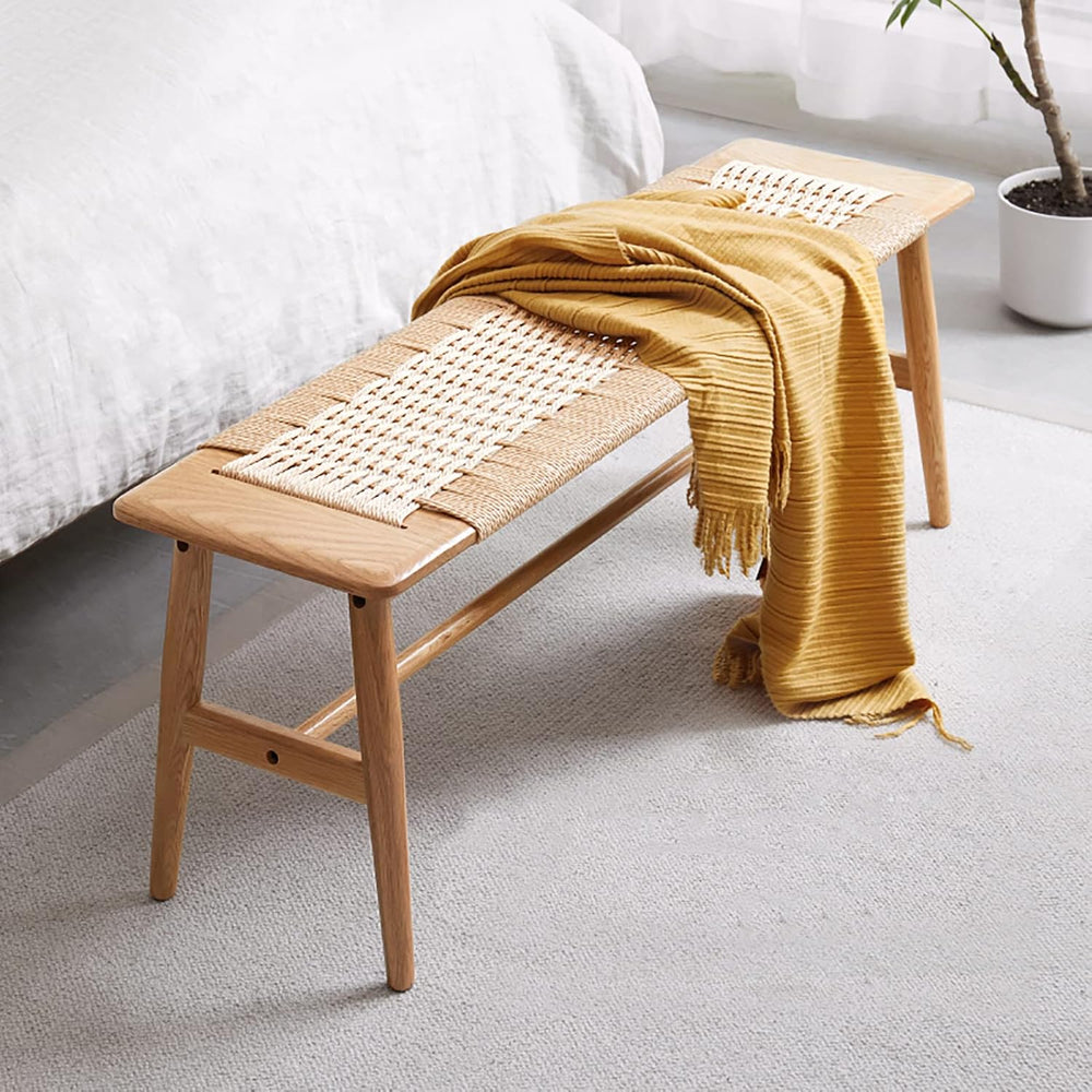 Solid Oak Dining Bench, Rattan Woven Entryway Bench,31.49 inch | mortise join...