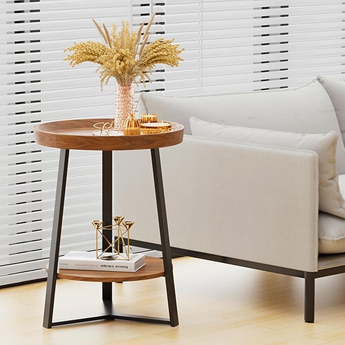 Gadroad Round End Table with Storage Shelf, 2 Tier Farmhouse Side Table Night...