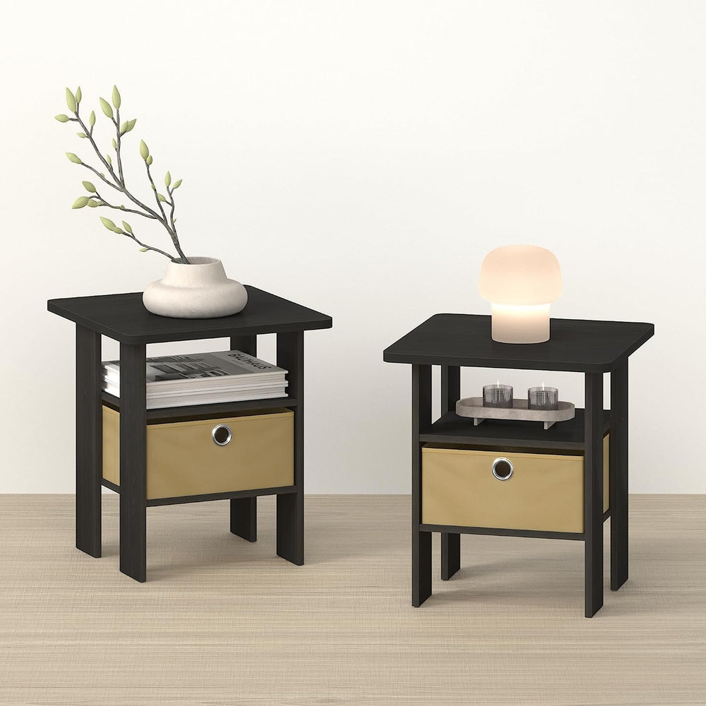 OTA Side Table, End Table, Night Stand with Bin Drawer, Ebony/Brown, Set of 2