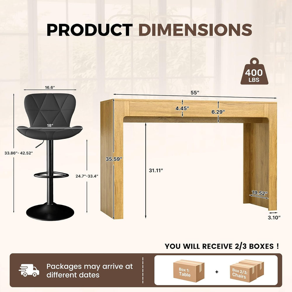 Miereirl 3-Piece Counter Height Bar Table Set, 55 Inch Oak Pub Dining Table &...