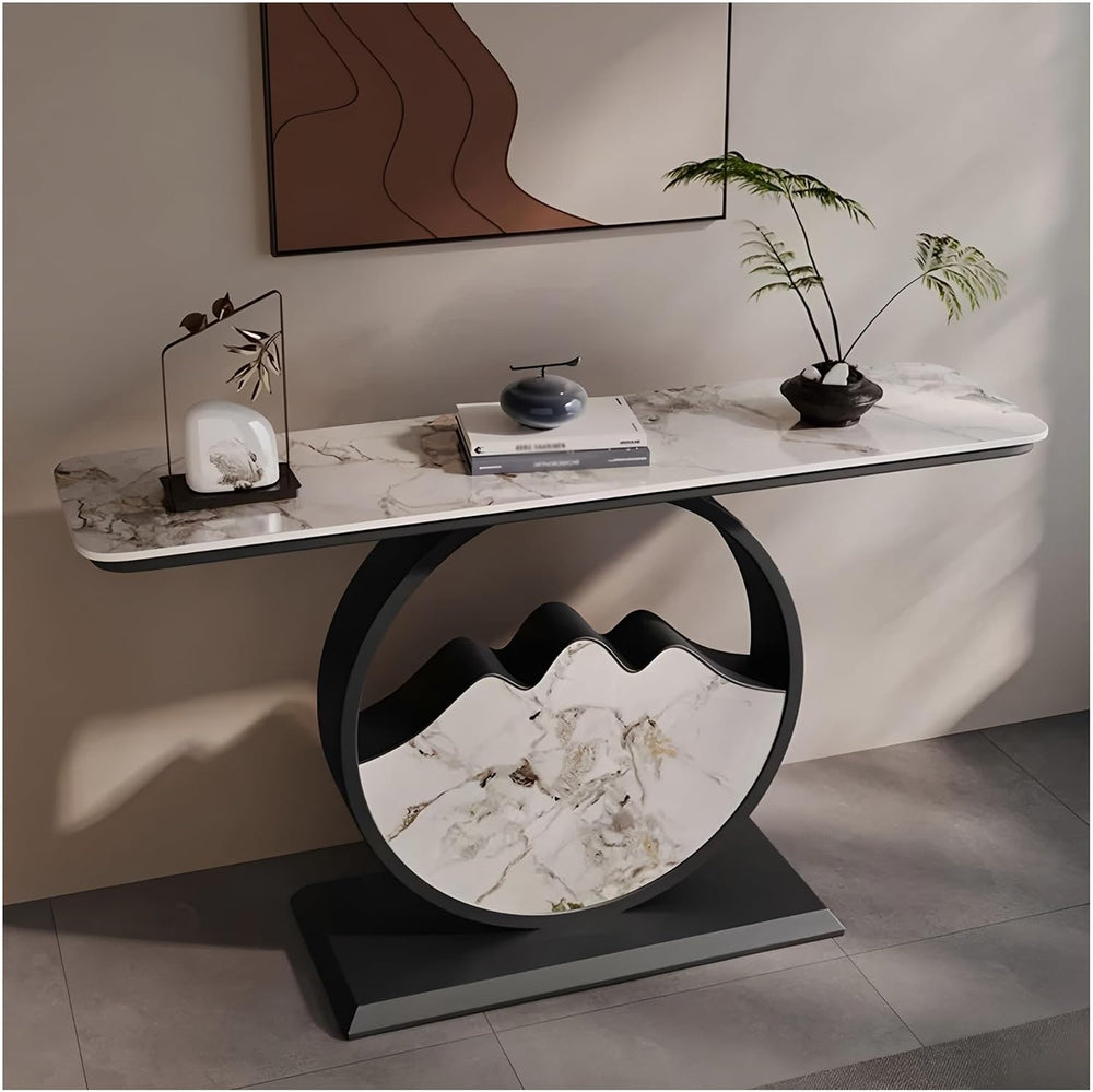 Contemporary Accent Table Modern Console Table | Marble-Like Tabletop and Cir...