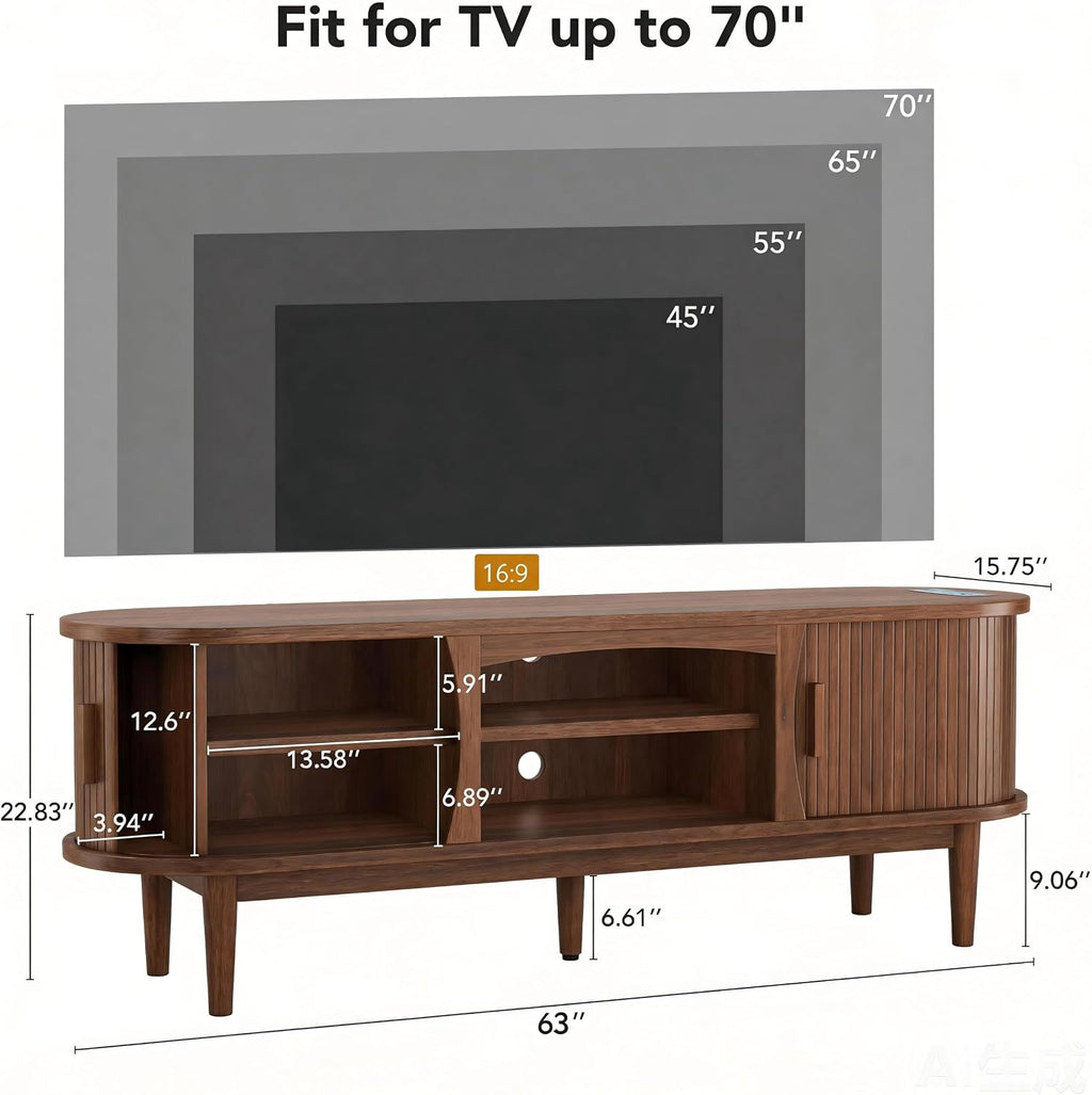 Decofy 63" Fluted TV Stand for TVs Up to 70" with Charging Station, Walnut | Mid Century Modern Built-in Charging Station Sliding Tambour Doors Adjustable Shelves Entertainment Center Solid Wood Legs