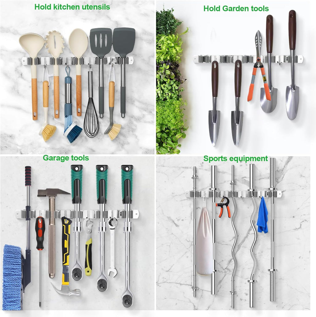 voze 3 Racks and 4 Hooks Mop and Broom Holder Wall Mount, Self Adhesive Heavy Duty Broom Organizer Storage Tool Racks for Kitchen Garden Laundry Garage
