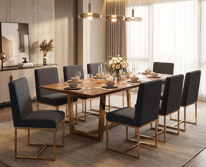 CIMOTA Black Modern Dining Chairs Set of 8, Upholstered Dining Room Chairs Armless Guest Side Chair with Gold Base for Dining Room/Kitchen, Charcoal Black, 8PCS