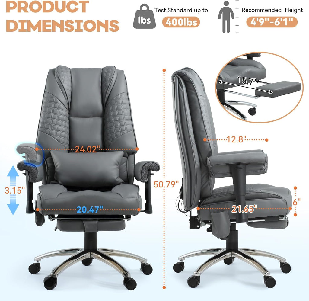 Massage & Heated Office Chair with Foot Rest, Ergonomic Executive Office Chair with Reclining Backrest, Adjustable Arms & Lumbar Support, High Back Leather Desk Chairs for Home Office, Gray