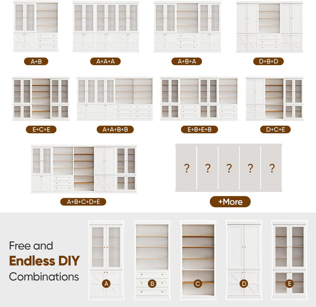 ivaniti 70.8" Tall Farmhouse Kitchen Pantry Cabinet with Glass Doors, Modular Storage Cabinet with 6-Tier Adjustable Shelves, White, Wooden Hutch for Kitchen, Living Room, Set of 2