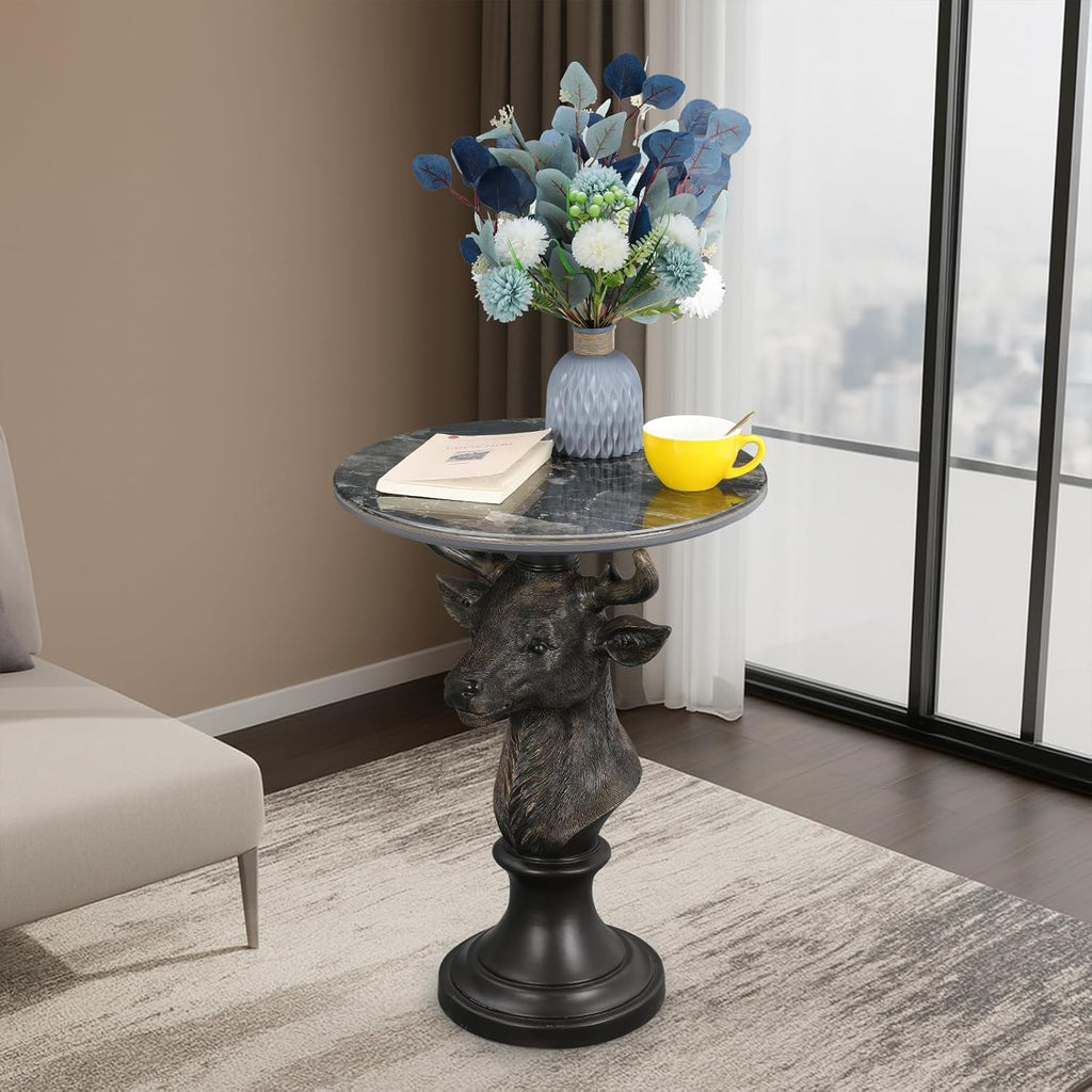 Modern End Table Black Deer Statue Side Table with Faux Marble Round top, 28" Tall 19.69" Wide Contemporary Nightstand for Living Room, Office and Reception Area Gift for Mom and Dad