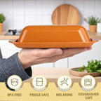 Butter Dish with Lid and Knife, Durable Countertop & Fridge Butter Keeper, BPA-Free Melamine Butter Container, Dishwasher Safe, Fits East/West Coast Butter Sticks (Pumpkin Orange)