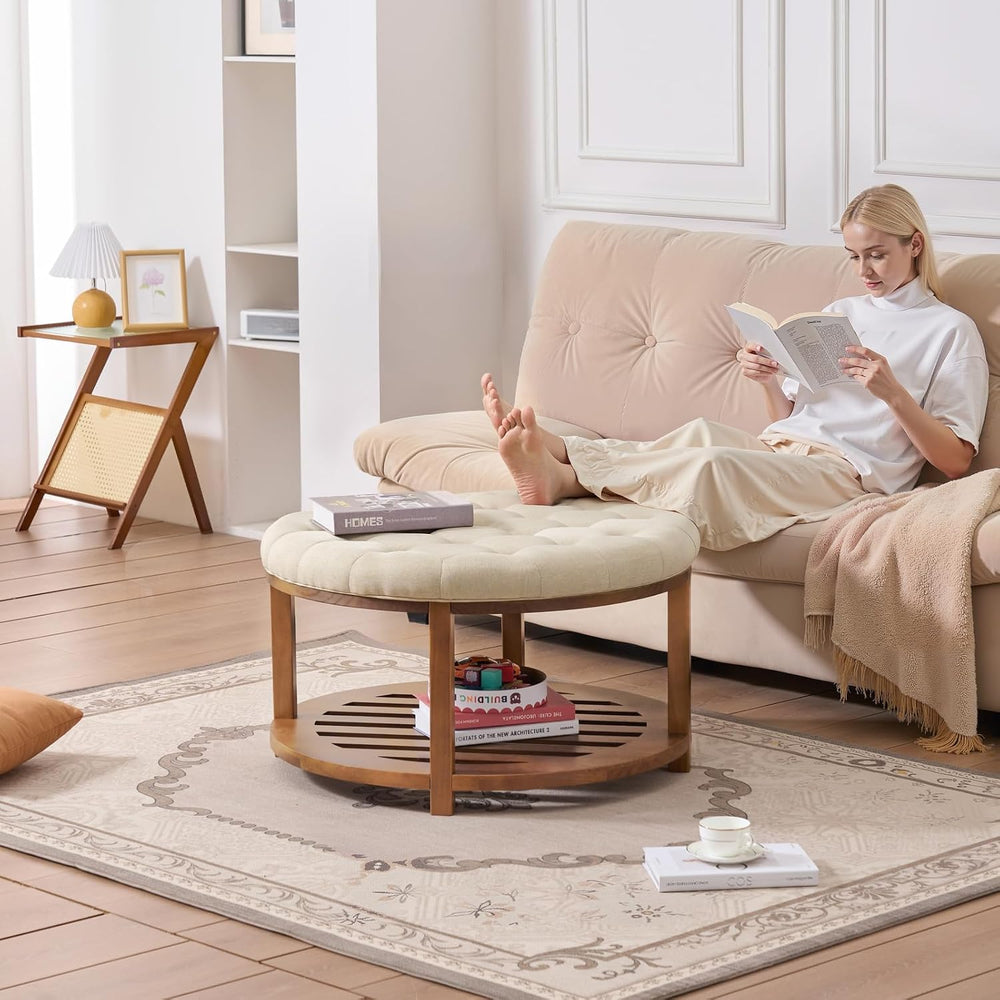 VEVOR Large Round Ottoman Coffee Table, 31.9 Inch Tufted Coffee Table with So...