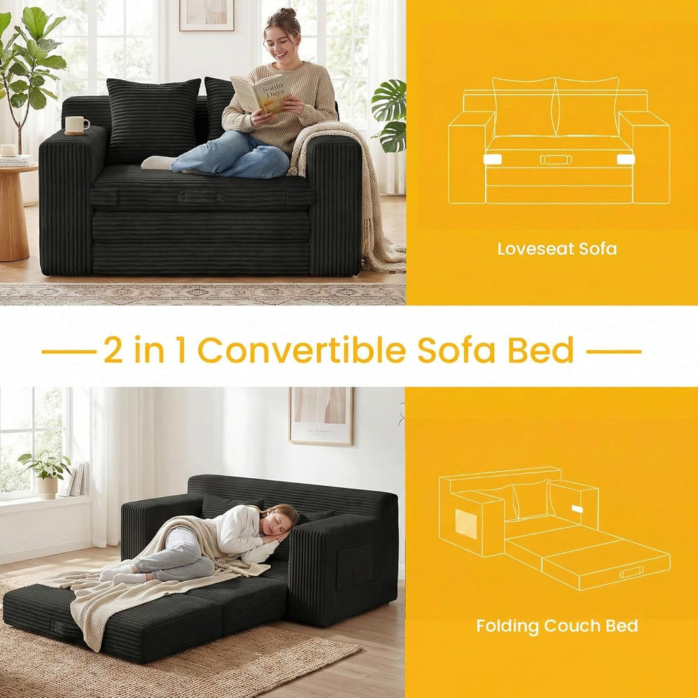 Couch, Loveseat Sleeper Sofa Bed – 3-in-1 Convertible Couch Bed with Side Poc...