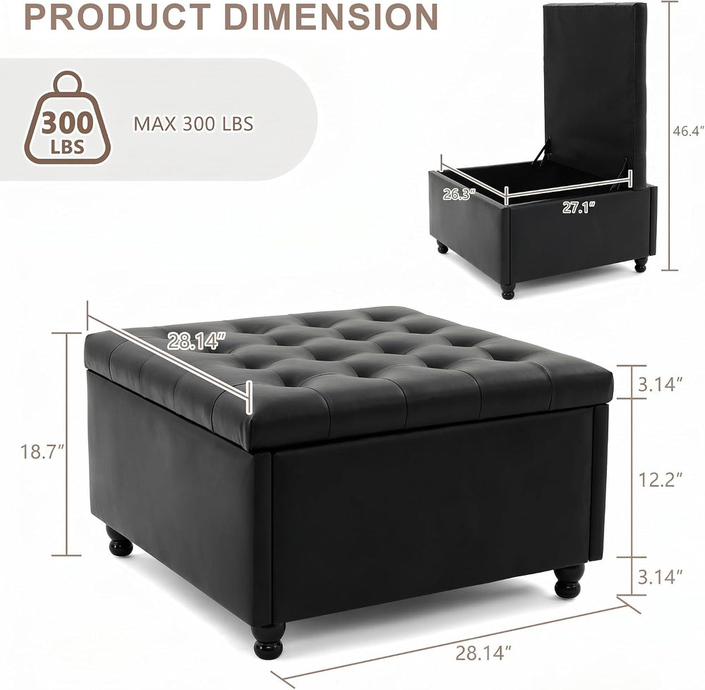 28" Large Square Ottoman with Storage, Leather Ottoman Coffee Table, Bla...