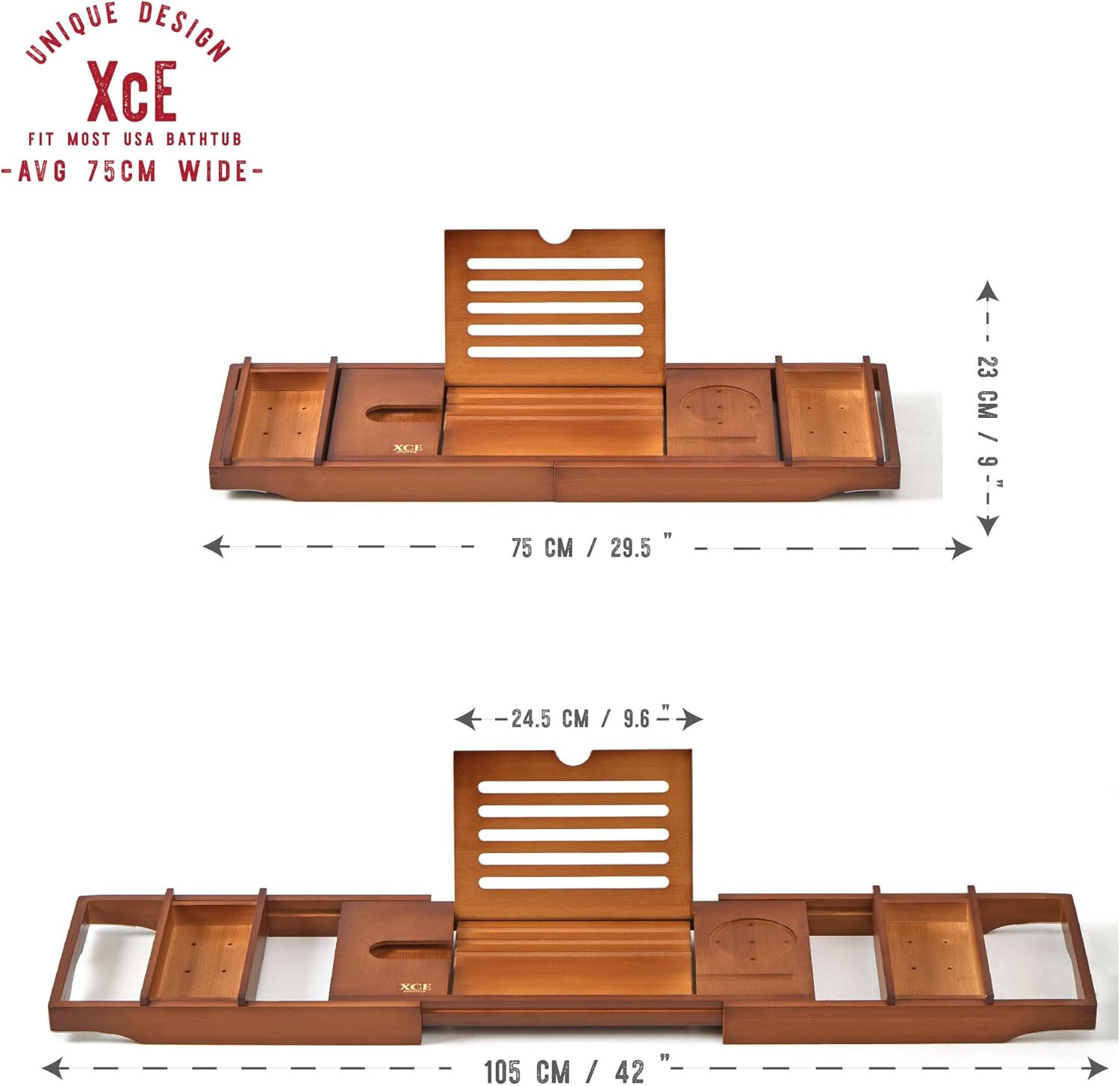 XcE Bamboo Bathtub Caddy Tray - Expandable to 41 Inches with Book Stand, Soap Holder & Anti-Slip Pads for Luxury Bath Spa, Brown