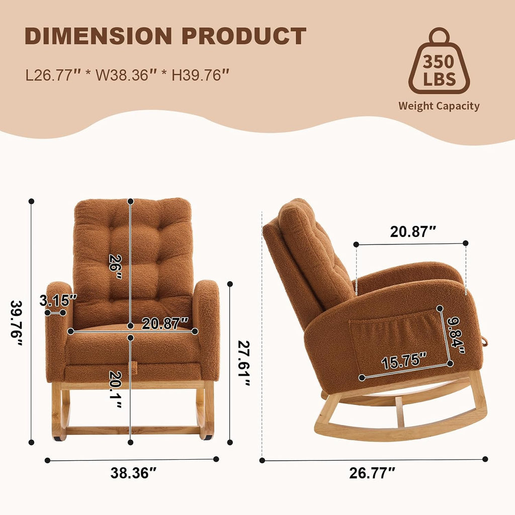 Nursery Rocking Chair,Rubber Wood Base Glider Rocking Chair with Adjustable Footrest and Side Pocket,Teddy Fleece Glider Rocker for Living Room, Bedroom (Teddy Fleece, Caramel)