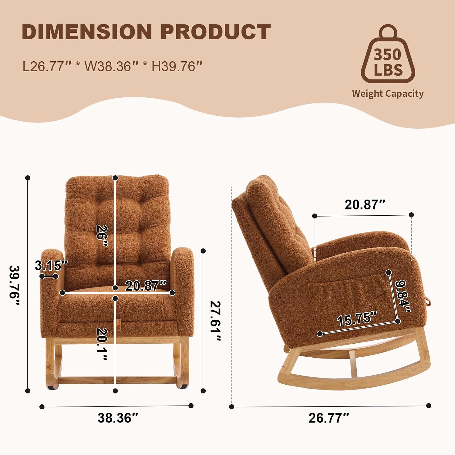 Nursery Rocking Chair,Rubber Wood Base Glider Rocking Chair with Adjustable Footrest and Side Pocket,Teddy Fleece Glider Rocker for Living Room, Bedroom (Teddy Fleece, Caramel)