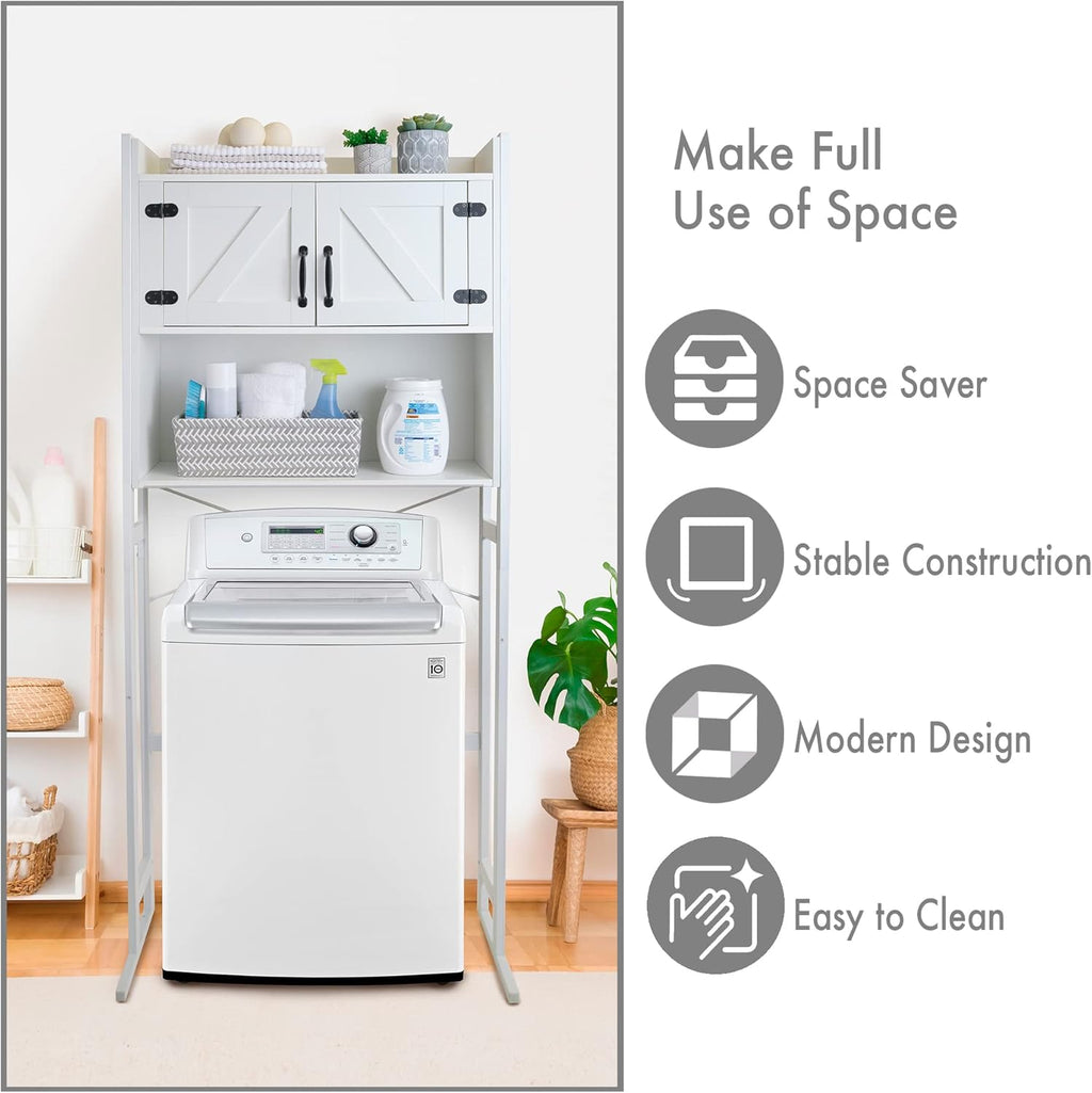 Over The Washer or Over The Toilet Storage Cabinet w/Height Adjustable Shelf Laundry Room/Bathroom Organizer Rack, 2-Door Freestanding Rack Space Saver, White