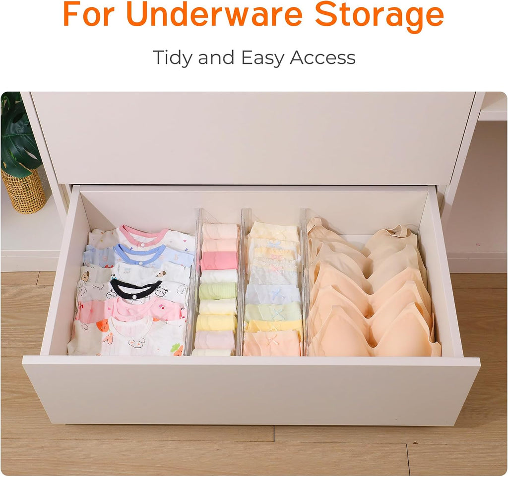 4 Pack 4" High Drawer Dividers for Clothes, 10.2"-16.5" Expandable Dresser Drawer Organizers, Adjustable Plastic Clear Drawer Separators for Kitchen, Baby Clothing, Socks, Underwear, Bedroom