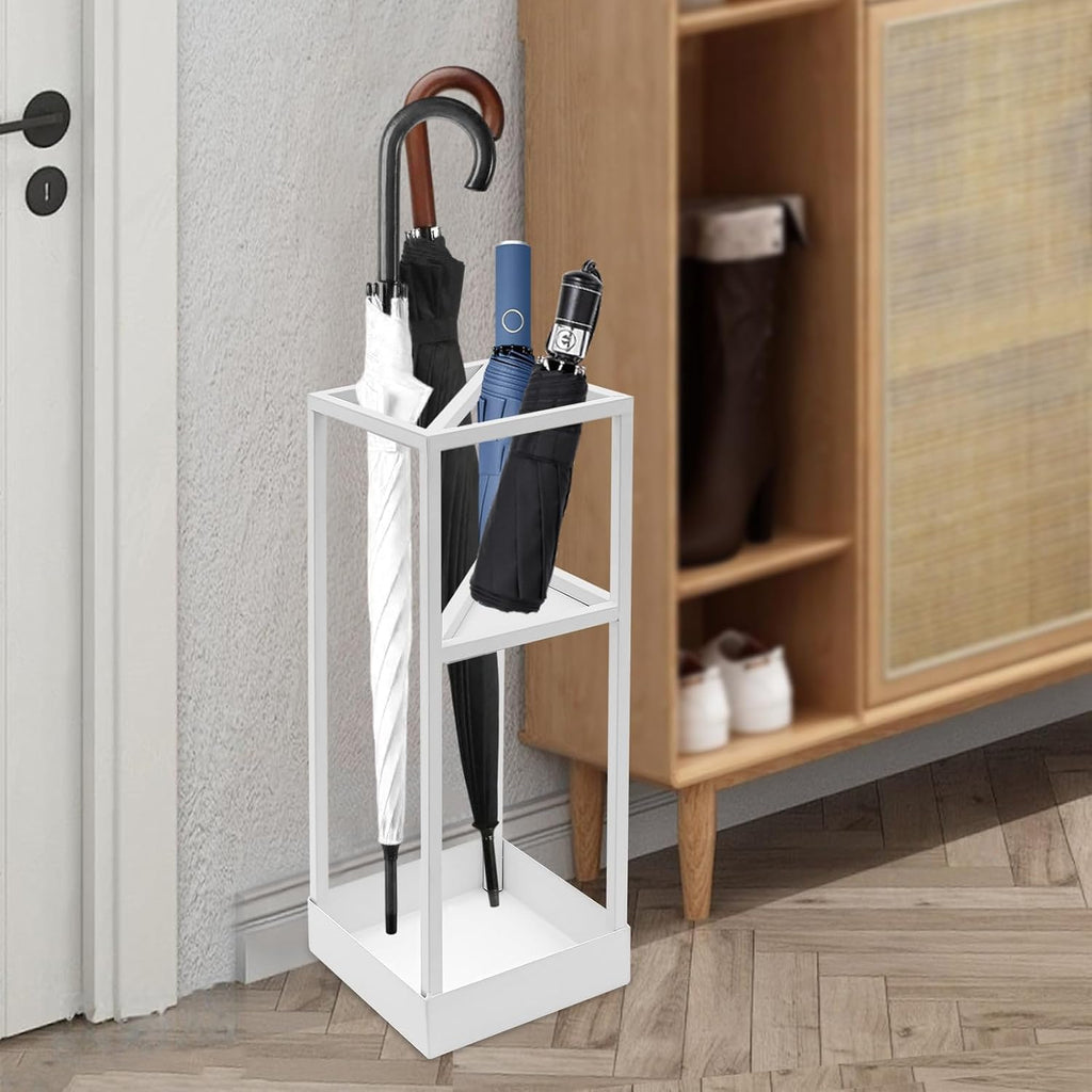 Umbrella Stand for Entryway, Metal Square Umbrella Holder, Freestanding Umbrella Holder Rack with Small Shelf, Indoor Umbrella Storage Stand Rack, for Entryway, Mudrooms, Office(White)