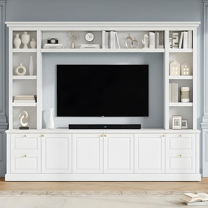 Marzzi Wall Unit TV Stand TVs up to 70", Modern Entertainment Center with 6 Doors Storage Cabinets, Bridge and Bookshelves, Large Media Console, Adjustable Shelves, Painted Finish