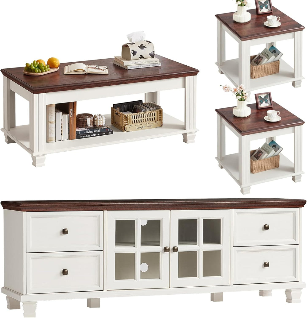 SAVOR LIFE Farmhouse TV Stand and Coffee Table Set 4 Piece, White | Living Ro...