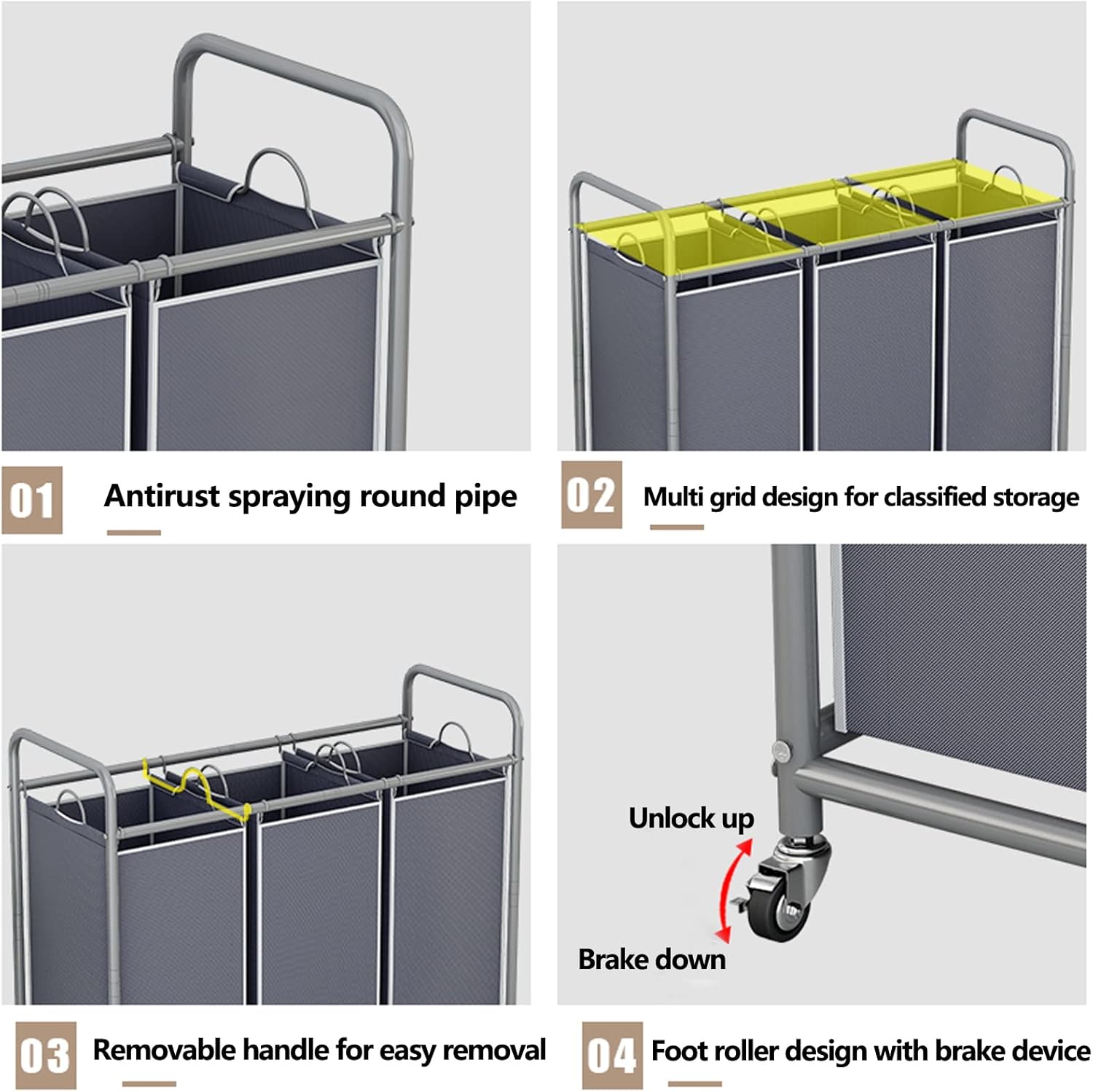 LINZINAR 3-Bag Laundry Sorter,Laundry Hamper Cart with Heavy Duty Rolling Lockable Wheels and Removable Bags (Grey)
