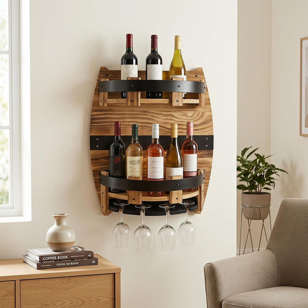 Whiskey Barrel Wall Shelf, Wooden Bourbon Bottle Display Rack | Vintage Handcrafted Wooden Liquor Storage Shelf for Home Bar, Kitchen, Man Cave and Farmhouse Decor