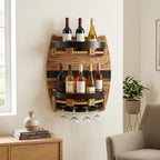 Whiskey Barrel Wall Shelf, Wooden Bourbon Bottle Display Rack | Vintage Handcrafted Wooden Liquor Storage Shelf for Home Bar, Kitchen, Man Cave and Farmhouse Decor