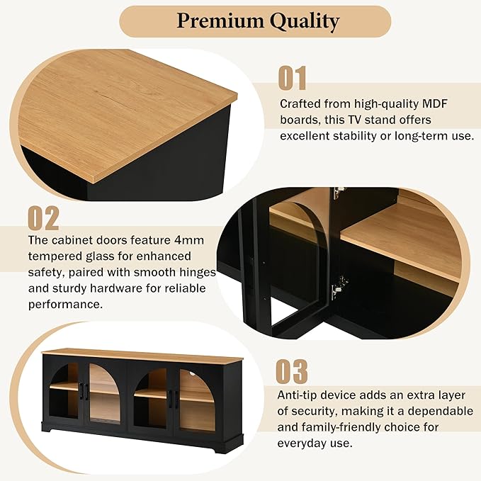 Farmhouse TV Stand with Adjustable Shelves for TVs up to 70'', Entertainment Center with Semi-Arched Glass Doors, Wood Grain Sideboard with Cable Management for Living Room, Black