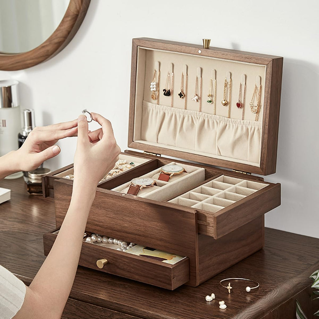 CHOSIN Black Walnut Wooden Jewelry Box for Women, 3 Level Multi-functional Drawer Organizer Box Watch Necklace Ring Earring Storage Christmas Gifts