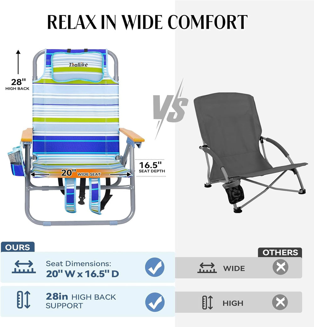 Backpack Beach Chair Wide Seat High Back Folding Camping Chair for Adults 5-P...