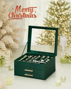 SONGMICS Jewelry Box Organizer with Glass Lid, 3-Layer Jewelry Storage, with 2 Drawers, Modern Style, Christmas Gift, 8 x 9.1 x 5.3 Inches, Forest Green and Gold Color UJBC239C01